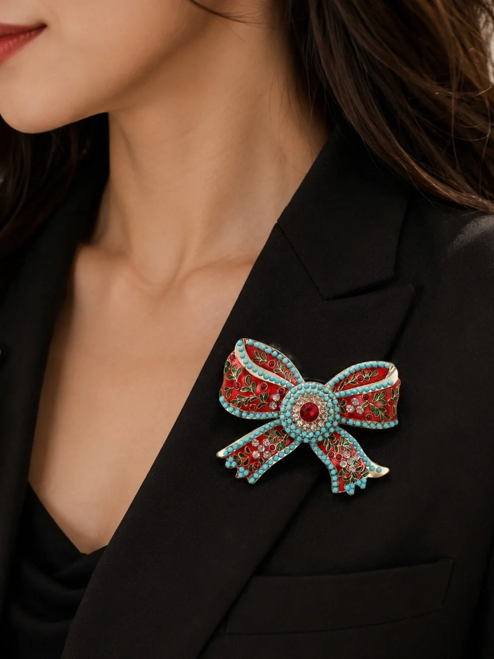Vintage Style Enamel Bow Brooch Pin Red, Turquoise & Gold Rhinestone accents